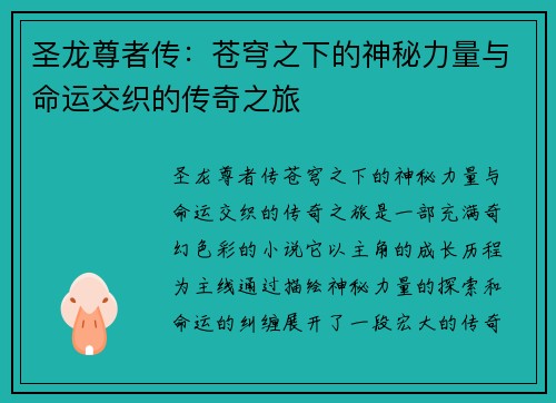 圣龙尊者传：苍穹之下的神秘力量与命运交织的传奇之旅